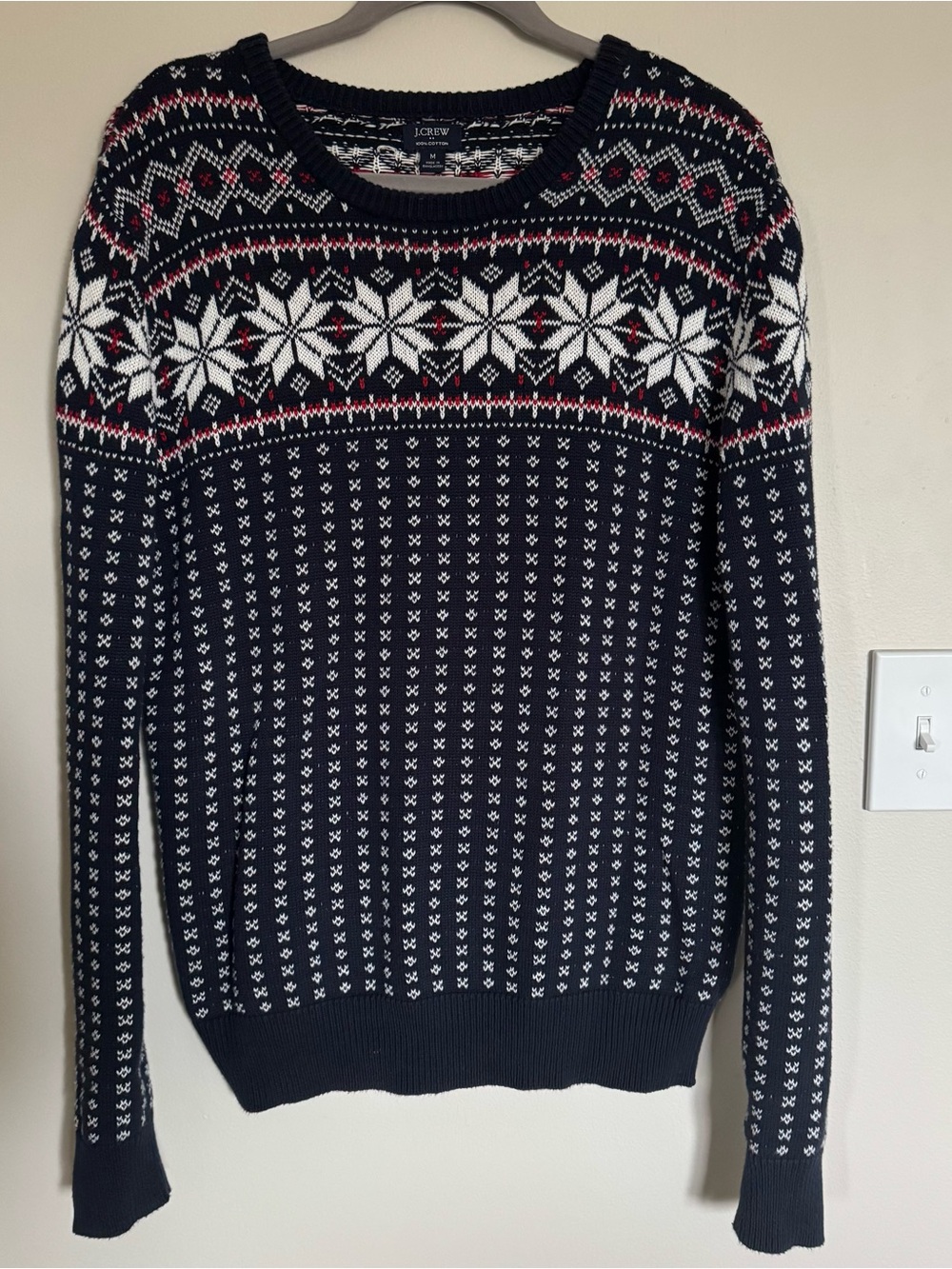 J Crew 100% Cotton Fair Isle Men’s Snowflake Navy Print Sweater Holiday Size M